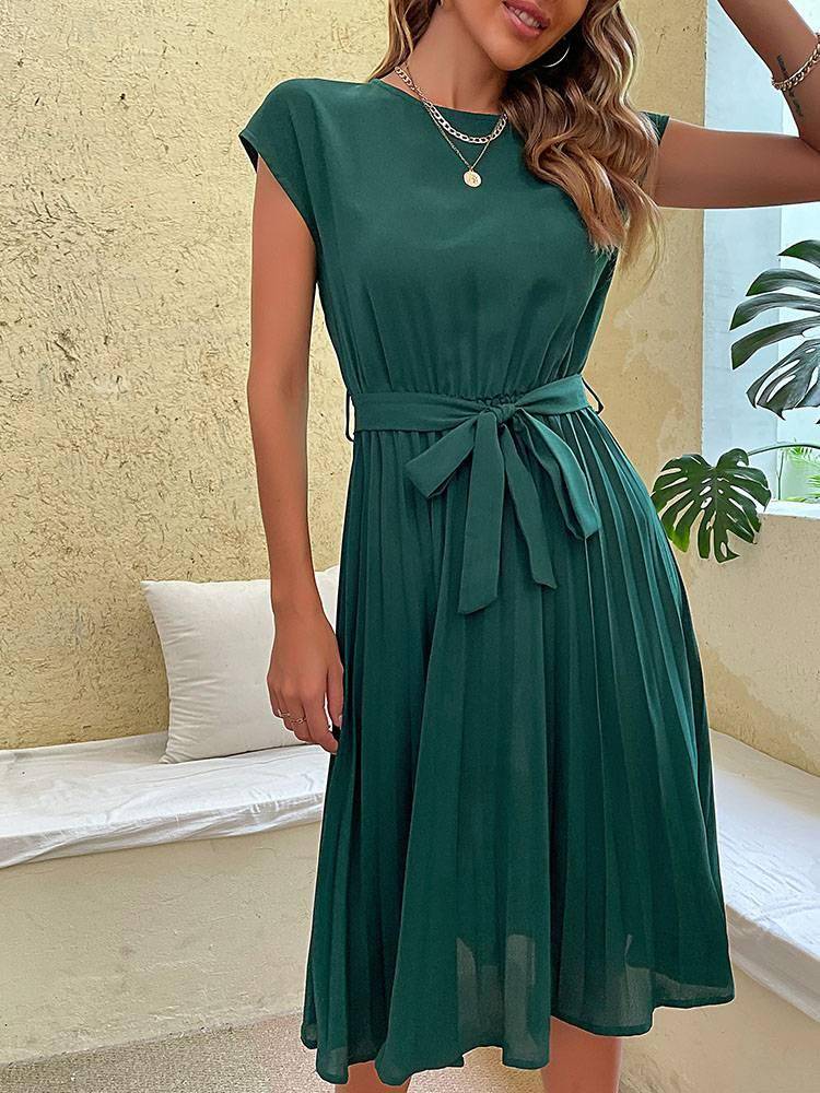 JIM & NORA Elegant Women Summer Casual Beach Sundress Short Sleeve Pleated Midi Dress Soild Colour O Neck Tunic Dresses Fashion Casual Dresses Styles Summer Collection Women Clothing cb5feb1b7314637725a2e7: Dark Green|Sapphire|Wine Red