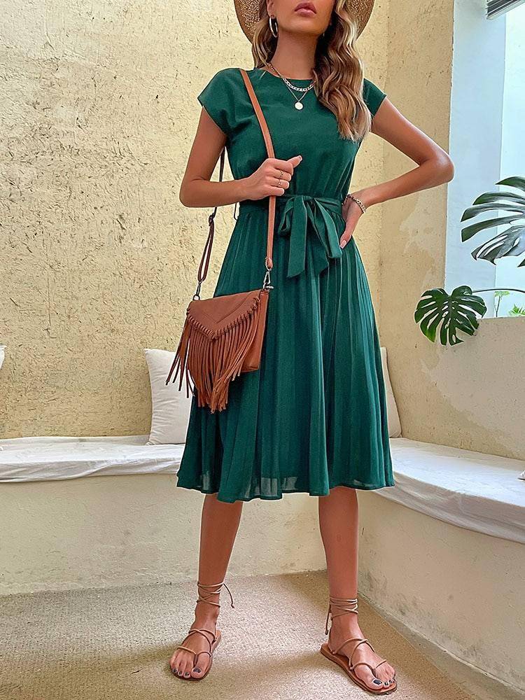 JIM & NORA Elegant Women Summer Casual Beach Sundress Short Sleeve Pleated Midi Dress Soild Colour O Neck Tunic Dresses Fashion Casual Dresses Styles Summer Collection Women Clothing cb5feb1b7314637725a2e7: Dark Green|Sapphire|Wine Red