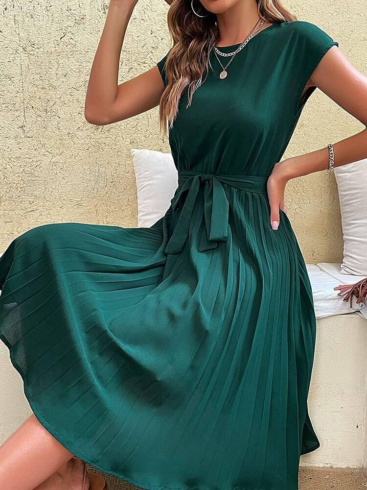 JIM & NORA Elegant Women Summer Casual Beach Sundress Short Sleeve Pleated Midi Dress Soild Colour O Neck Tunic Dresses Fashion Casual Dresses Styles Summer Collection Women Clothing cb5feb1b7314637725a2e7: Dark Green|Sapphire|Wine Red