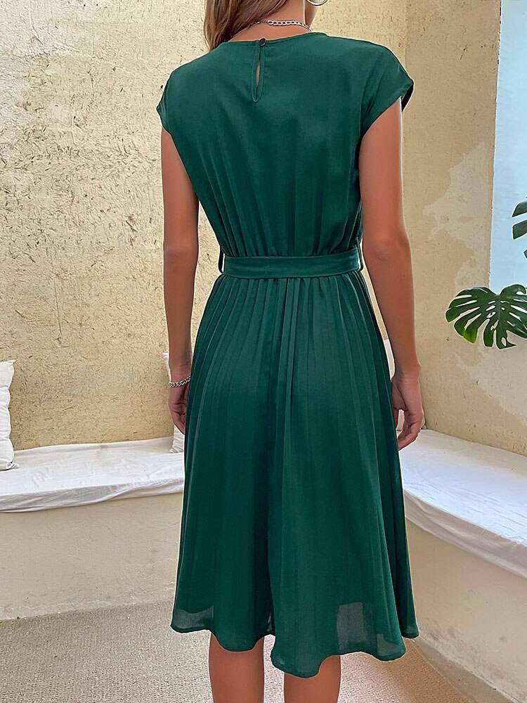 JIM & NORA Elegant Women Summer Casual Beach Sundress Short Sleeve Pleated Midi Dress Soild Colour O Neck Tunic Dresses Fashion Casual Dresses Styles Summer Collection Women Clothing cb5feb1b7314637725a2e7: Dark Green|Sapphire|Wine Red