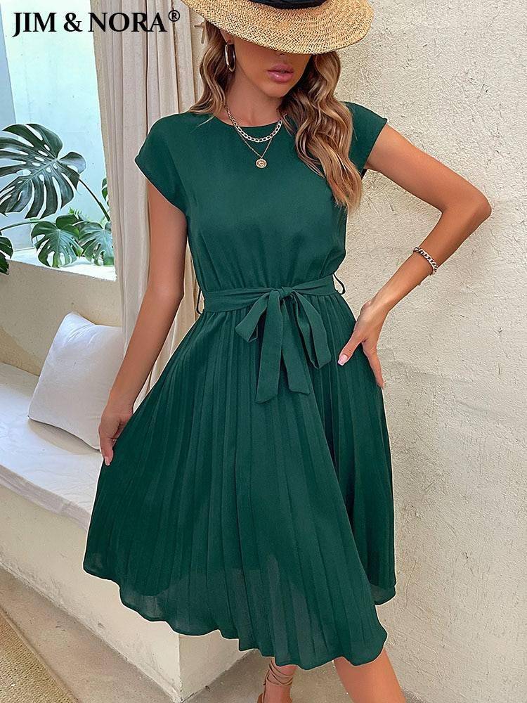 JIM & NORA Elegant Women Summer Casual Beach Sundress Short Sleeve Pleated Midi Dress Soild Colour O Neck Tunic Dresses Fashion Casual Dresses Styles Summer Collection Women Clothing cb5feb1b7314637725a2e7: Dark Green|Sapphire|Wine Red