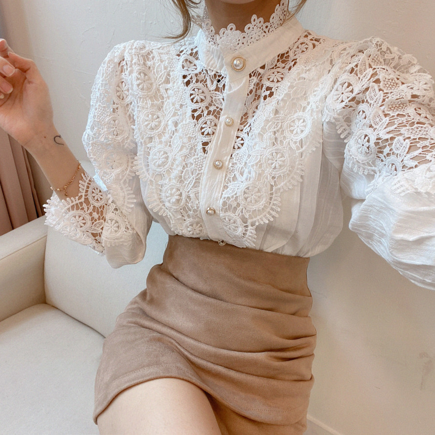 Women's Petal Sleeve Stand Collar Blouse