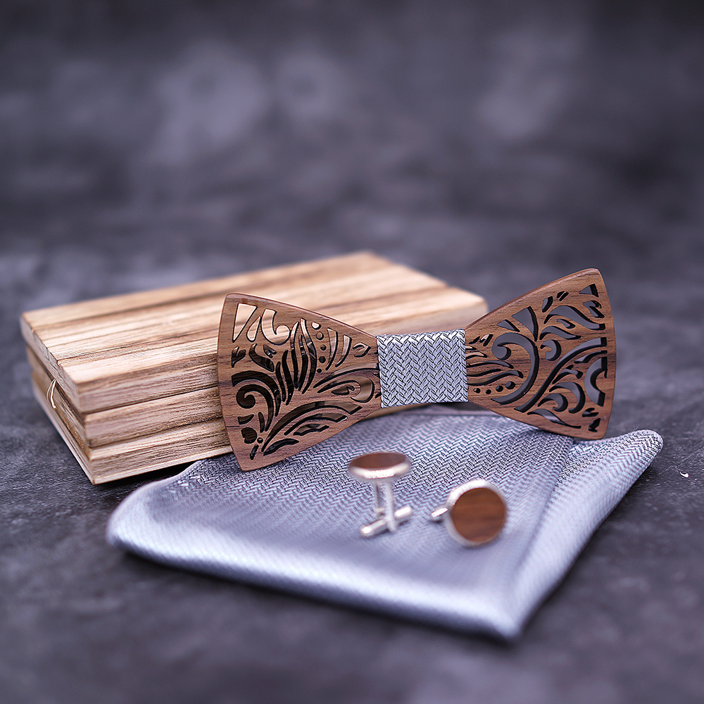 Carved Wooden Bow Tie with Cufflinks