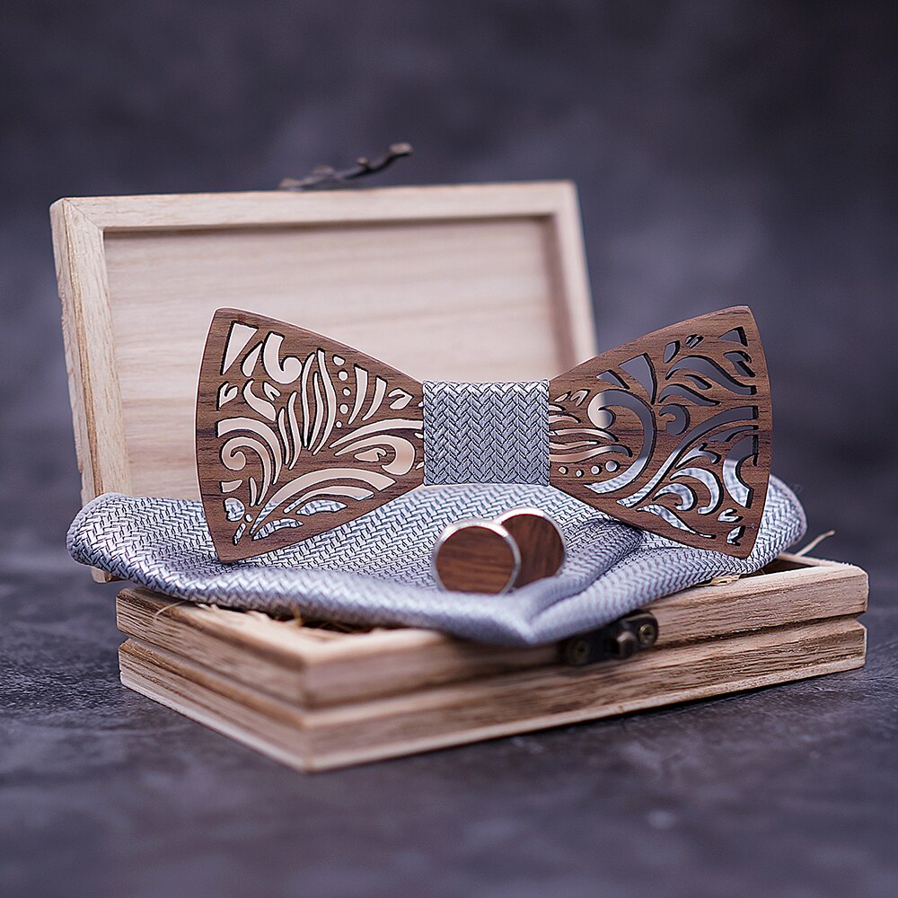 Carved Wooden Bow Tie with Cufflinks