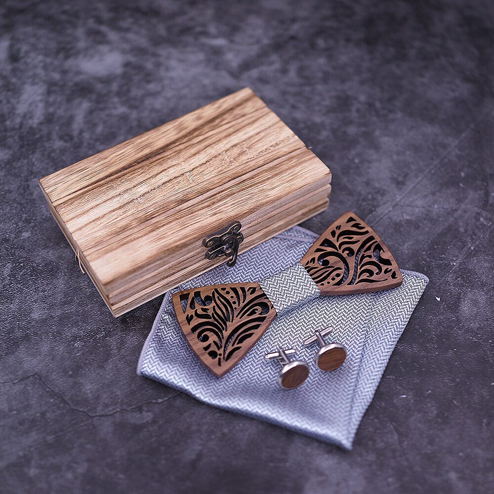 Carved Wooden Bow Tie with Cufflinks