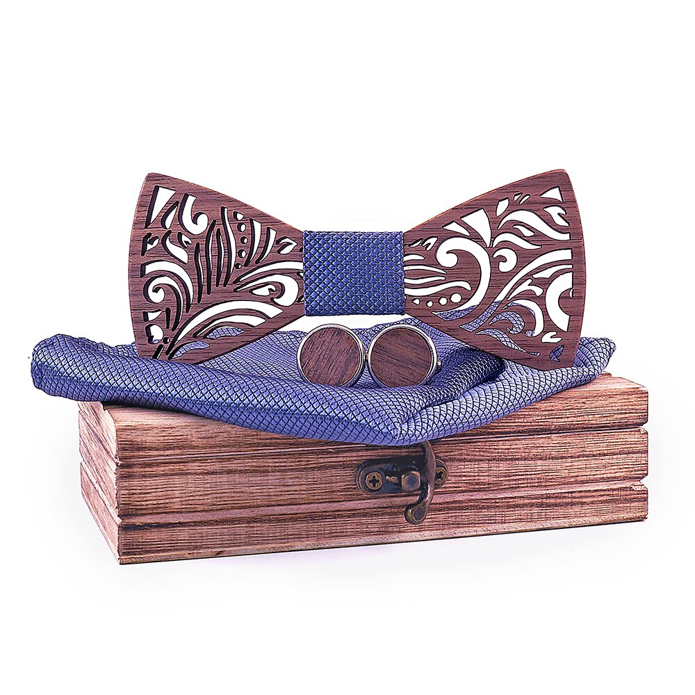 Carved Wooden Bow Tie with Cufflinks