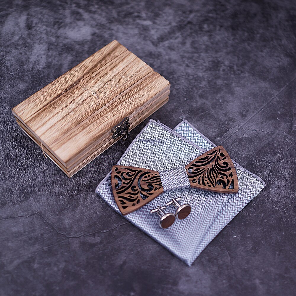 Carved Wooden Bow Tie with Cufflinks