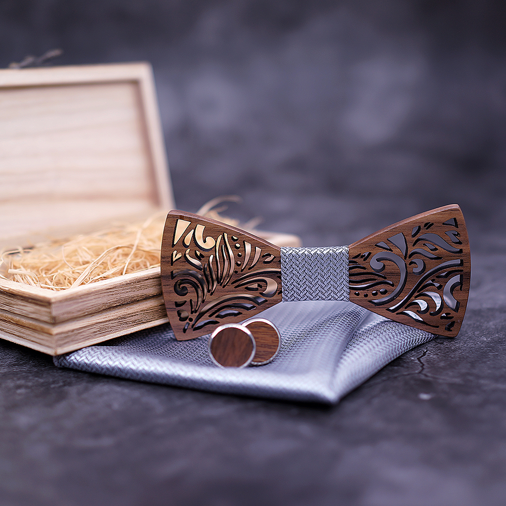 Carved Wooden Bow Tie with Cufflinks